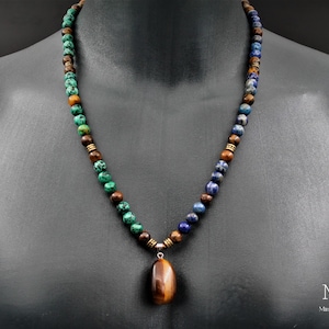 Protection Raw Tiger&#39;s Eye Pendant Green African Turquoise Gemstone Lapis Lazuli Beaded Necklace Men&#39;s Necklace Gift For Him Unisex Necklace