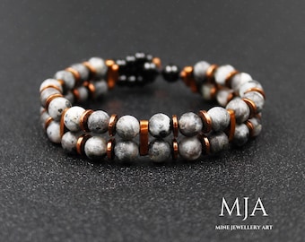 Matte Larvikite With Copper Hematite And Onyx Bead Bracelet Armband Bracelet Handmade Macrame Bracelet Men Women Gift Gray & Black Jewelry