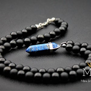 Lapis Lazuli Point Pendant Necklace: Black Onyx & Hematite Beads