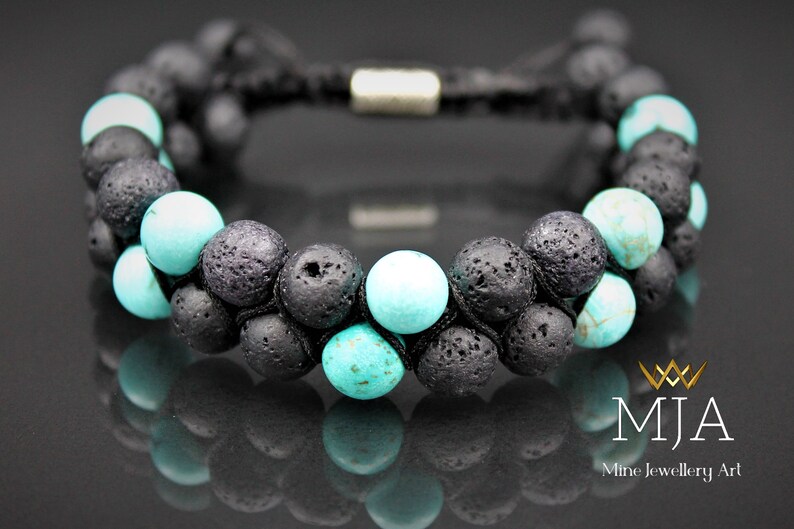 Turquoise & Black Lava Bead Bracelet: Adjustable Macrame Gemstone Bracelet imagem 1