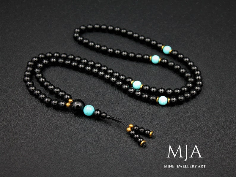 Turquoise And Onyx 108 Mala Bead Necklace Mala Tassel Necklace, Gold Hematite Japa Mala Mala Buddhist Mala Beads, 108 Yoga Gift Necklace image 3