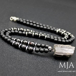 Raw Tourmaline Pendant Necklace Silver Hematite And Black Onyx Gemstone Necklace Black Men&#39;s Necklace Gift For Him Beaded Jewelry