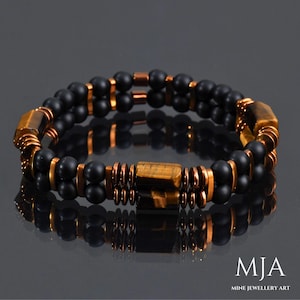 Tiger&#39;s Eye Bracelet Copper Hematite & Black Onyx Bead Jewelry Double Stone Bracelet Man and Women Gift Bracelet Brown Gemstone Jewelry
