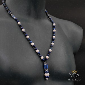 Lapis Lazuli & Moonstone Pendant Necklace: Black Onyx, Silver Hematite