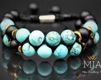 Turquoise Gemstone Bracelet Double Row Black Onyx Stone Bracelet Macrame Adjustable Bracelet Men's And Women's Gifts