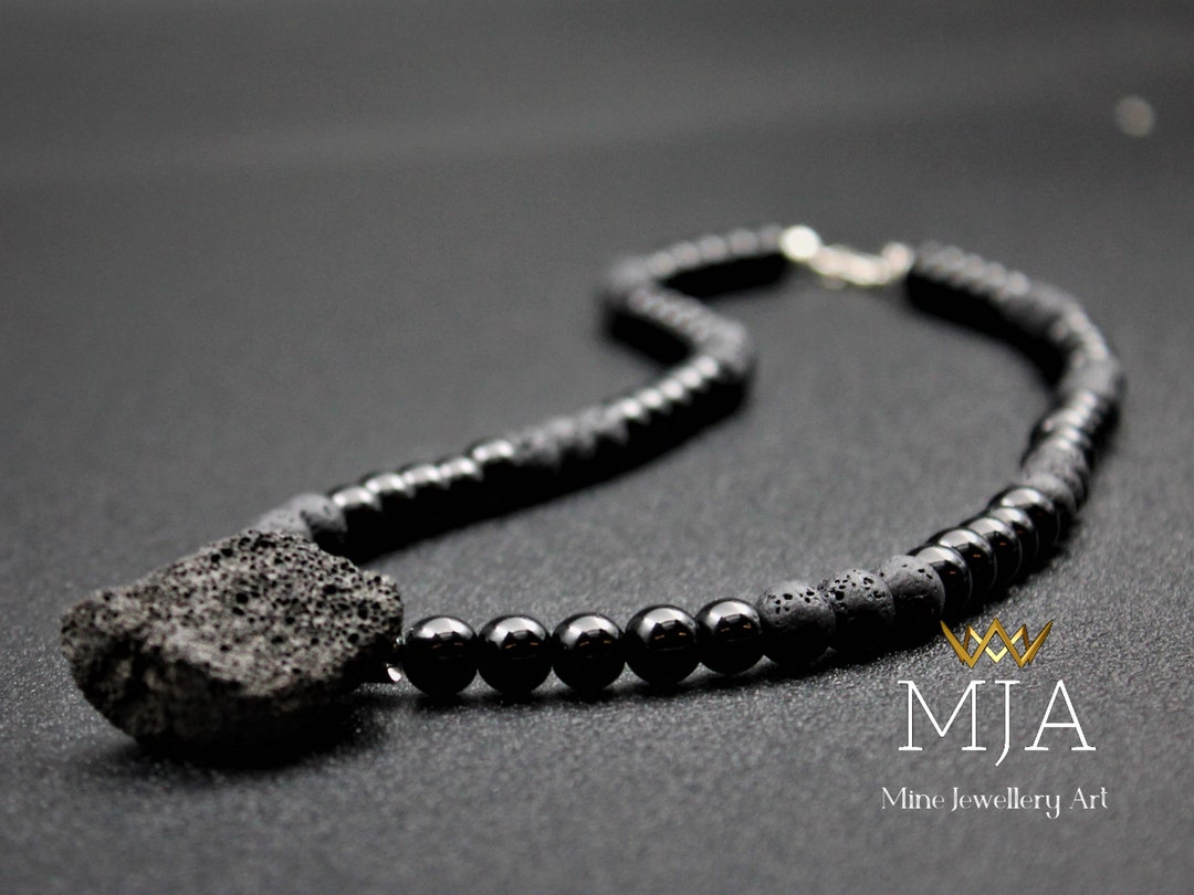 •LINKED• black lava + silver necklace (ADJ to 20