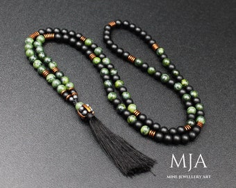 Jade 108 Mala Bead Necklace Tassel Necklace, Copper Hematite Japa Mala Protection Buddhist Mala Black Onyx Crystal Spiritual Jewelry