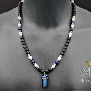 Lapis Lazuli Pendant Necklace: Moonstone, Lava & Hematite Beaded Cord
