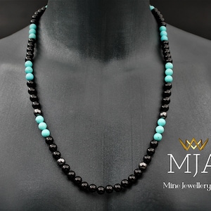 Turquoise Necklace Black Onyx Beaded Protection Hematite Long Choker Necklace Men and Women Gemstone Necklace Mom Gift Jewelry