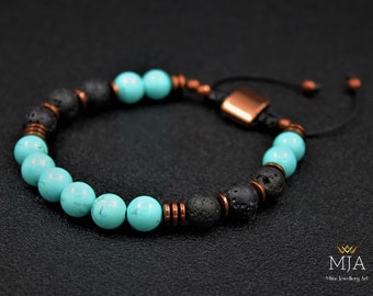 8 mm Turquoise & Lava Bead Bracelet Copper Hematite Stone Macrame Bracelet Men And Women Gemstone Jewelry Healing Love Summer Gift Bracelet