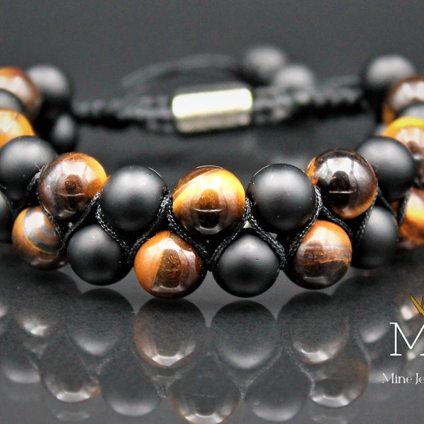 Tigers Eye bead Bracelet Black Onyx Bracelet Macrame Bracelet Crystal Gemstone bracelet Men Bracelet Women Double Row Bracelet