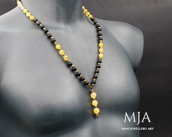 Citrine Tassel Necklace: Gold Hematite & Onyx Stone Beads