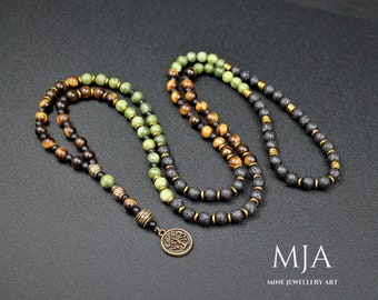 Jade 108 Mala Bead Necklace Tiger's Eye Mala Tassel Necklace, Gold Hematite Japa Mala Lava Protection Buddhist Mala, Tree of Life Pendant