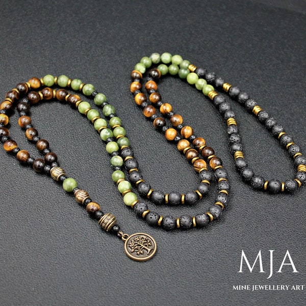 Jade 108 Mala Bead Necklace Tiger's Eye Mala Tassel Necklace, Gold Hematite Japa Mala Lava Protection Buddhist Mala, Tree of Life Pendant