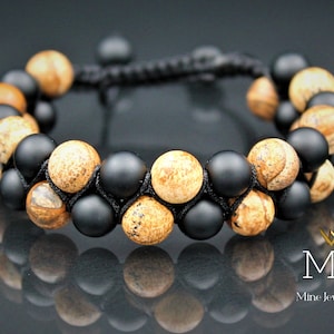 Black Onyx & Jasper Natural Healing Stone Bracelet-Spiritual Meditation Yoga Bead Mental Health Negative Energy Heart Protection Bracelet