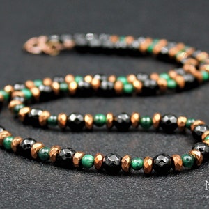 Malachite & Black Onyx Gemstone Choker Copper Hematite Stone Layering Necklace, Men&#39;s And Women&#39;s Necklace, Unique Jewelry Gifts