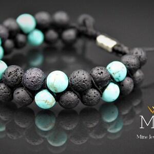 Turquoise & Black Lava Bead Bracelet: Adjustable Macrame Gemstone Bracelet imagem 3