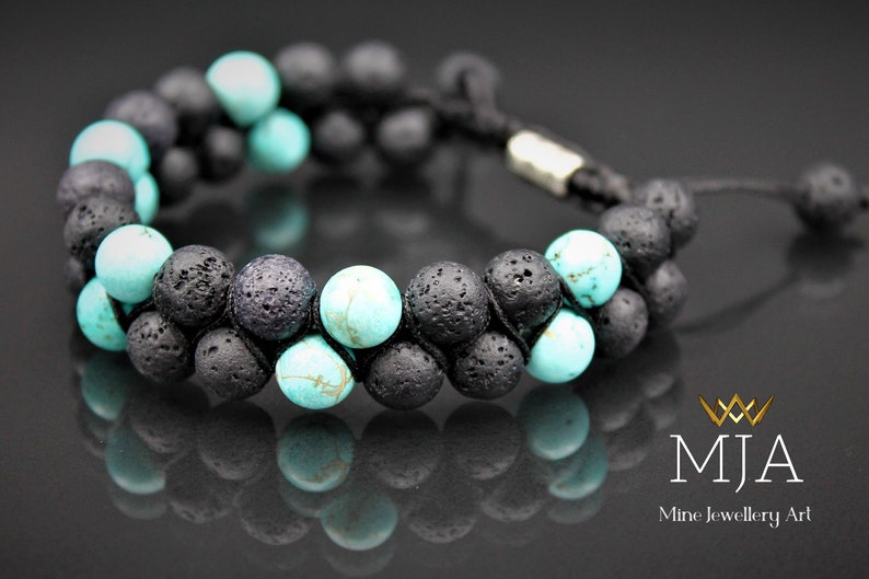 Turquoise & Black Lava Bead Bracelet: Adjustable Macrame Gemstone Bracelet imagem 3