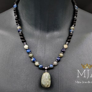 Labradorite Pendant Necklace: Lapis Lazuli, Onyx & Hematite Beaded Necklace