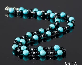 Turquoise Choker Necklace: Onyx & Silver Hematite Beaded Jewelry