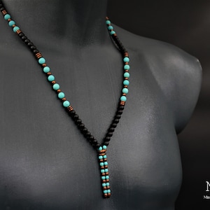 Healing Turquoise Necklace Copper Hematite Stone Black Onyx Bead Necklace Men's & Women's Gift Gemstone Turquoise Beaded Tassel Mala Jewelry
