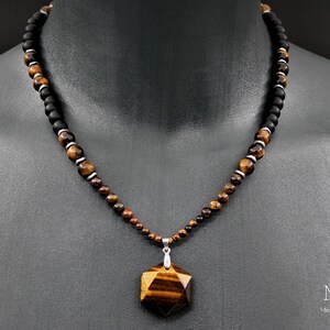 Tiger&#39;s Eye Hexagram Pendant Necklace: Black Onyx & Silver Hematite Beads