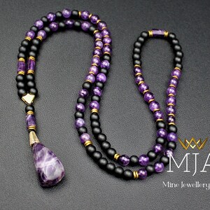 Meditation Long Amethyst 108 Jape Mala Necklace Raw Amethyst Buddhist Gemstone Necklace Black Onyx Bead And Gold Hematite Yoga Jewelry