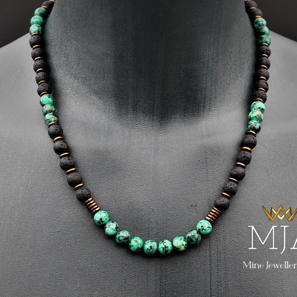 African Turquoise Bead Choker: Black Onyx & Copper Hematite Necklace