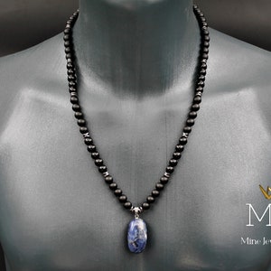 Lapis Lazuli Pendant Necklace: Black Onyx & Hematite Beaded Cord