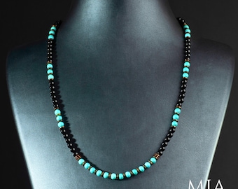 Turquoise & Black Onyx Beaded Necklace: Copper Hematite Gemstone Choker