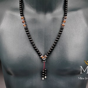 Tiger's Eye & Black Onyx Mala Necklace, Onyx Beaded Tassel Necklace Japa Mala Women's And Man's Necklace Meditation