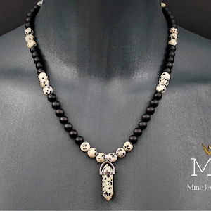 Point Dalmation Jasper Pendant Necklace Strength Black Onyx beads & Jasper Stone Necklace Black Men&#39;s Necklace Gift For Him Necklace