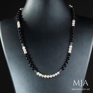 Pearl & Hematite Stone Necklace: Onyx Beaded Unisex Choker