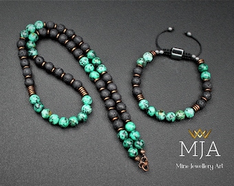 African Turquoise Choker Necklace Bracelet Set: Lava Stone, Hematite, Macrame