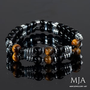 Tiger&#39;s Eye Bracelet with Silver Hematite and Black Onyx Beads Men&#39;s and Women&#39;s Gemstone Jewelry | Double Stone Beaded Bracelet |