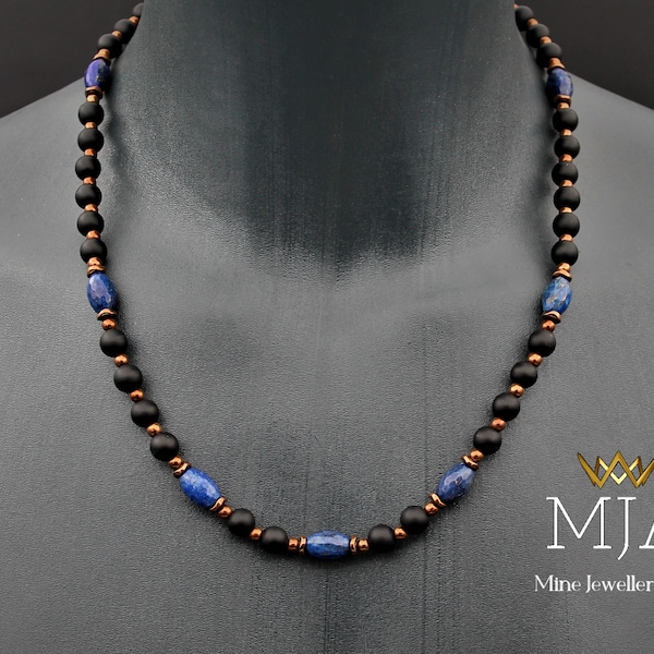 Protection Lapis Lazuli Choker Necklace Copper Hematite Stone And Matte Black Onyx Gemstone Necklace Men's And Women's Necklace Gift For Him