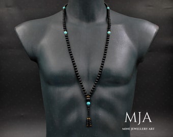 Turquoise et Onyx 108 Collier de perles Mala Collier de pompon Mala, Hématite d’or Japa Mala Mala Perles bouddhistes Mala, 108 Collier cadeau de yoga