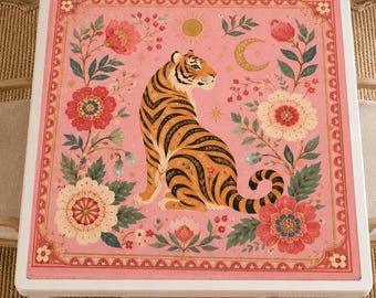 Pink Tiger Floral Mahjong Mat – Celestial Accents, Asian-Inspired Gaming Accessory (31.5 Inch)