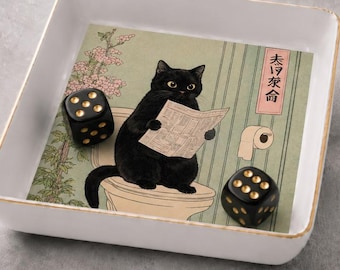 Black Cat Mahjong Dice Tray with Black Dice, Gold Rim Ceramic 4x4 Tray, Funny Cat Dice Bowl, Mahjong Gift, Quirky Accessory