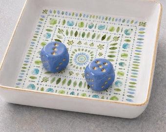 Botanical Mahjong Dice Tray, Gold Rim Ceramic 4x4 Tray, Leafy Dice Bowl, Mahjong Gift, Green Blue Mahjong Accessory