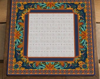 Boho Mahjong Mat Blue Orange | Vintage Pattern Game Table Mat (31.5 x 31.5 inch)