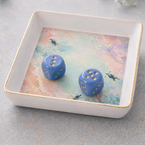 Sea Turtle Mahjong Dice Tray with Blue Dice, Gold Rim Ceramic 4x4 Tray, Ocean Dice Bowl, Coastal Mahjong Gift, Mahjong Accessory