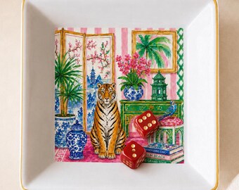 Chinoiserie Tiger Ceramic Mahjong Dice Tray 4 Inch Gold Rim Mahjong Accessory Game Night Gift