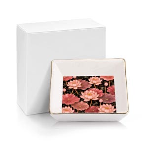Pink Lotus Ceramic Mahjong Dice Tray 4 Inch Gold Rim Floral Game Night Accessory Gift image 9