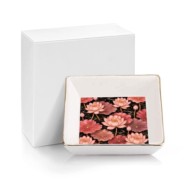 Pink Lotus Ceramic Mahjong Dice Tray 4 Inch Gold Rim Floral Game Night Accessory Gift image 9