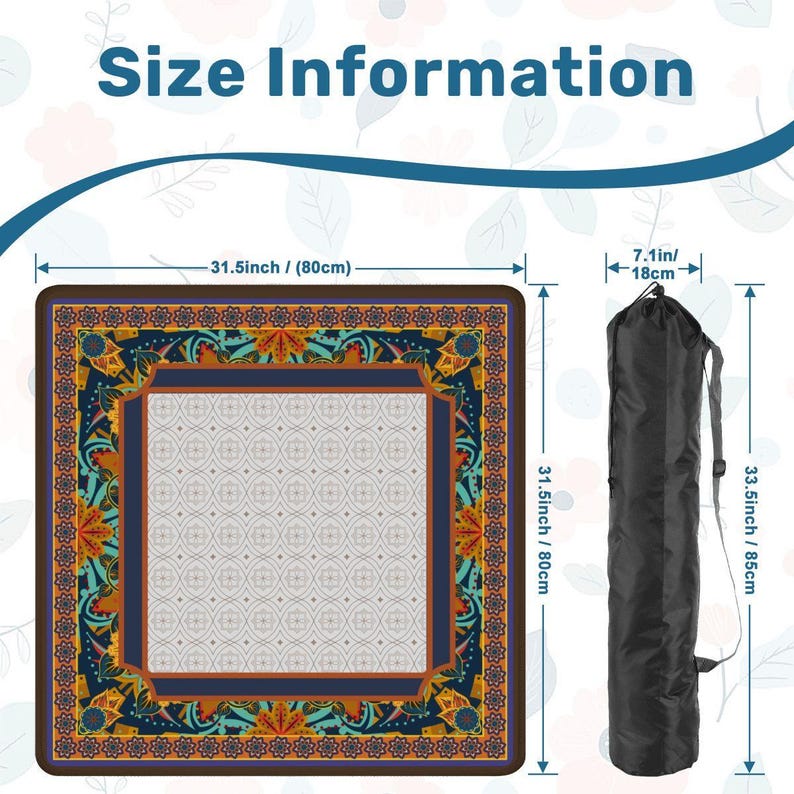 Boho Mahjong Mat Blue Orange | Vintage Pattern Game Table Mat | Non Slip Mahjong Mat 31.5 x 31.5 in