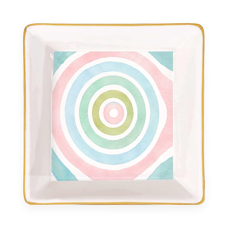 Pastel Rainbow Mahjong Dice Tray with Blue Dice, Gold Rim Ceramic 4x4 Tray, Colorful Dice Bowl, Mahjong Gift, Mahjong Accessory