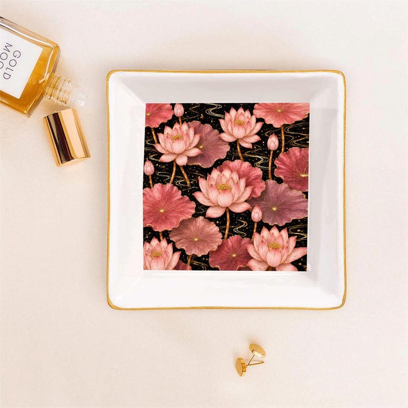 Pink Lotus Ceramic Mahjong Dice Tray 4 Inch Gold Rim Floral Game Night Accessory Gift image 5