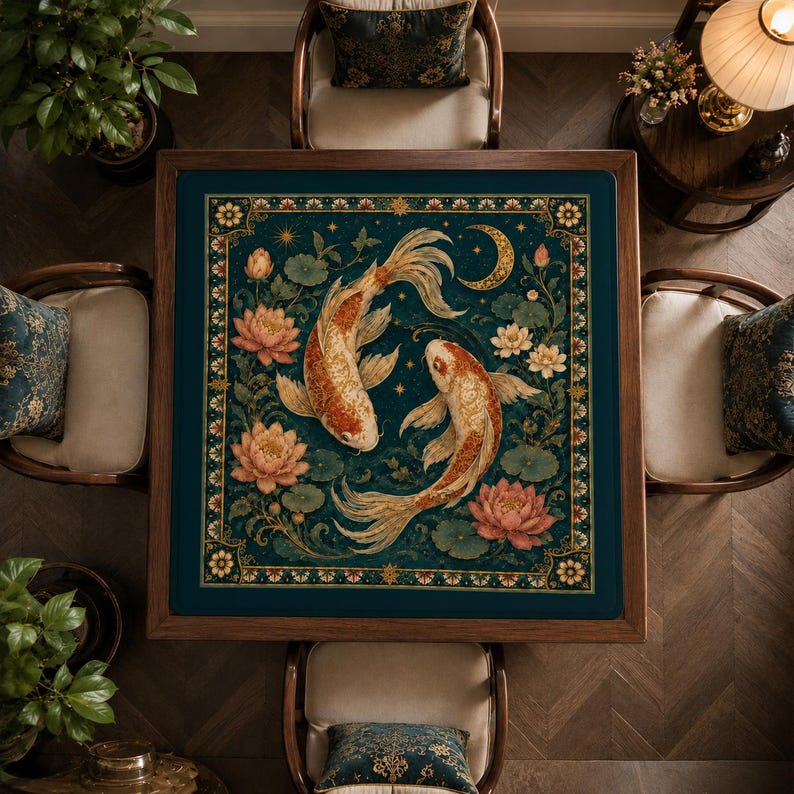Koi Fish Mahjong Mat – Teal Lotus Chinese Mahjong Table Mat for Mahjong Set, 31.5 x 31.5 Inch