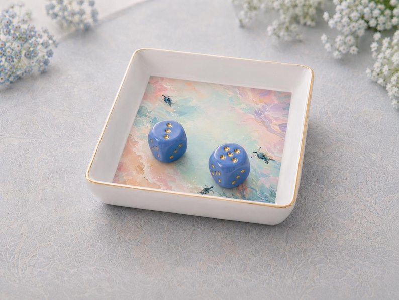 Sea Turtle Mahjong Dice Tray with Blue Dice, Gold Rim Ceramic 4x4 Tray, Ocean Dice Bowl, Coastal Mahjong Gift, Mahjong Accessory